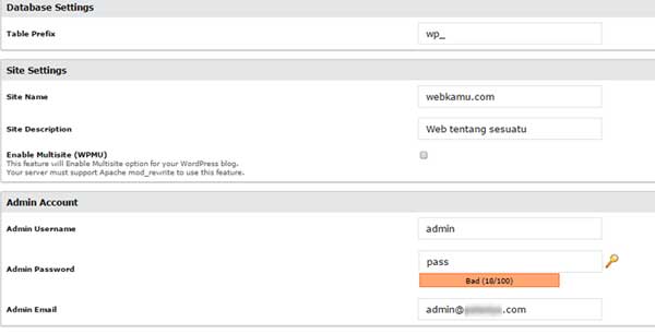 database settings wordpress instal