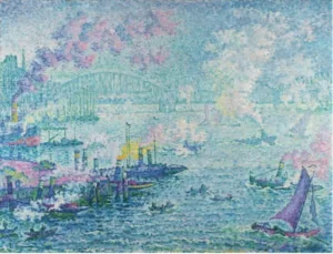 Lukisan dengan teknik pointilis karya Paul Signac The Port of Rotterdam (1907) Lukisan dengan teknik pointilis karya Paul Signac The Port of Rotterdam (1907)