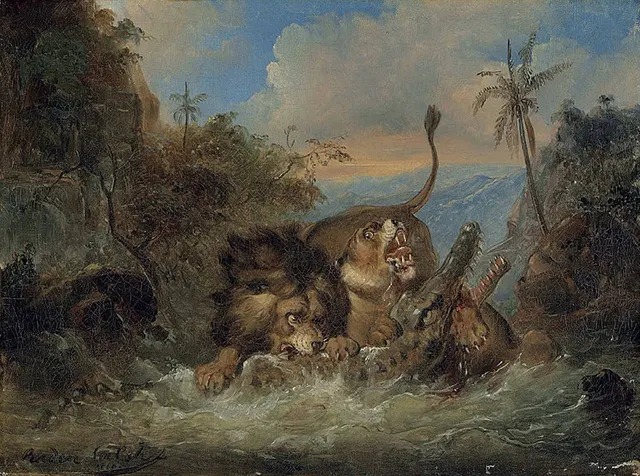 A lion and lioness attacking a crocodile (1840)