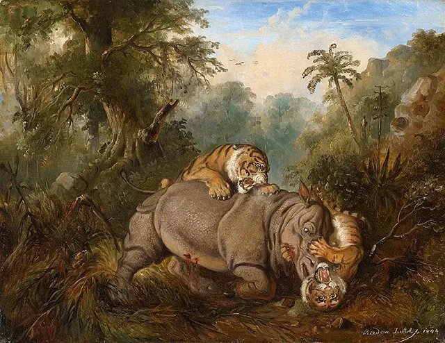 Lukisan Fight between a Javanese rhinoceros and two tigers (1840) karya Raden Saleh