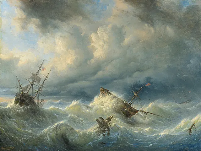 Lukisan Ships on a Stormy Sea (1840) karya Raden Saleh