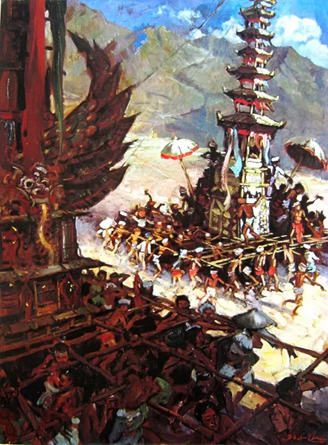 Lukisan Upacara Pembakaran Jenazah di Bali karya Basuki Abdullah